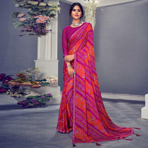 Rani Pink & Orange Bandhani Printed Chiffon Saree With Tassels - Peachmode