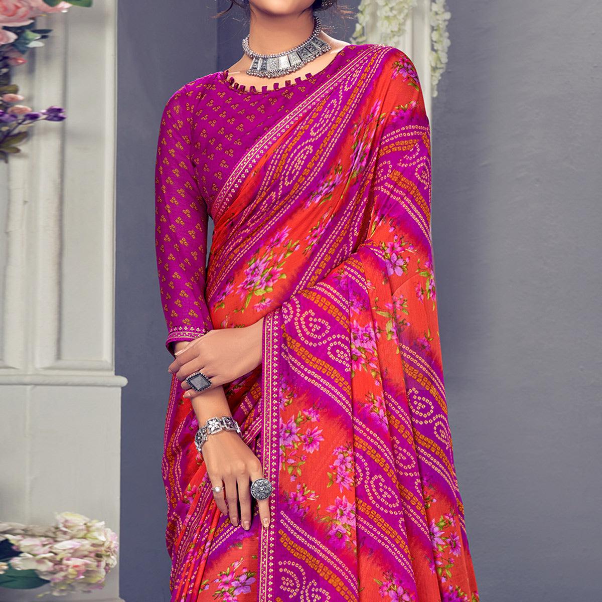 Rani Pink & Orange Bandhani Printed Chiffon Saree With Tassels - Peachmode