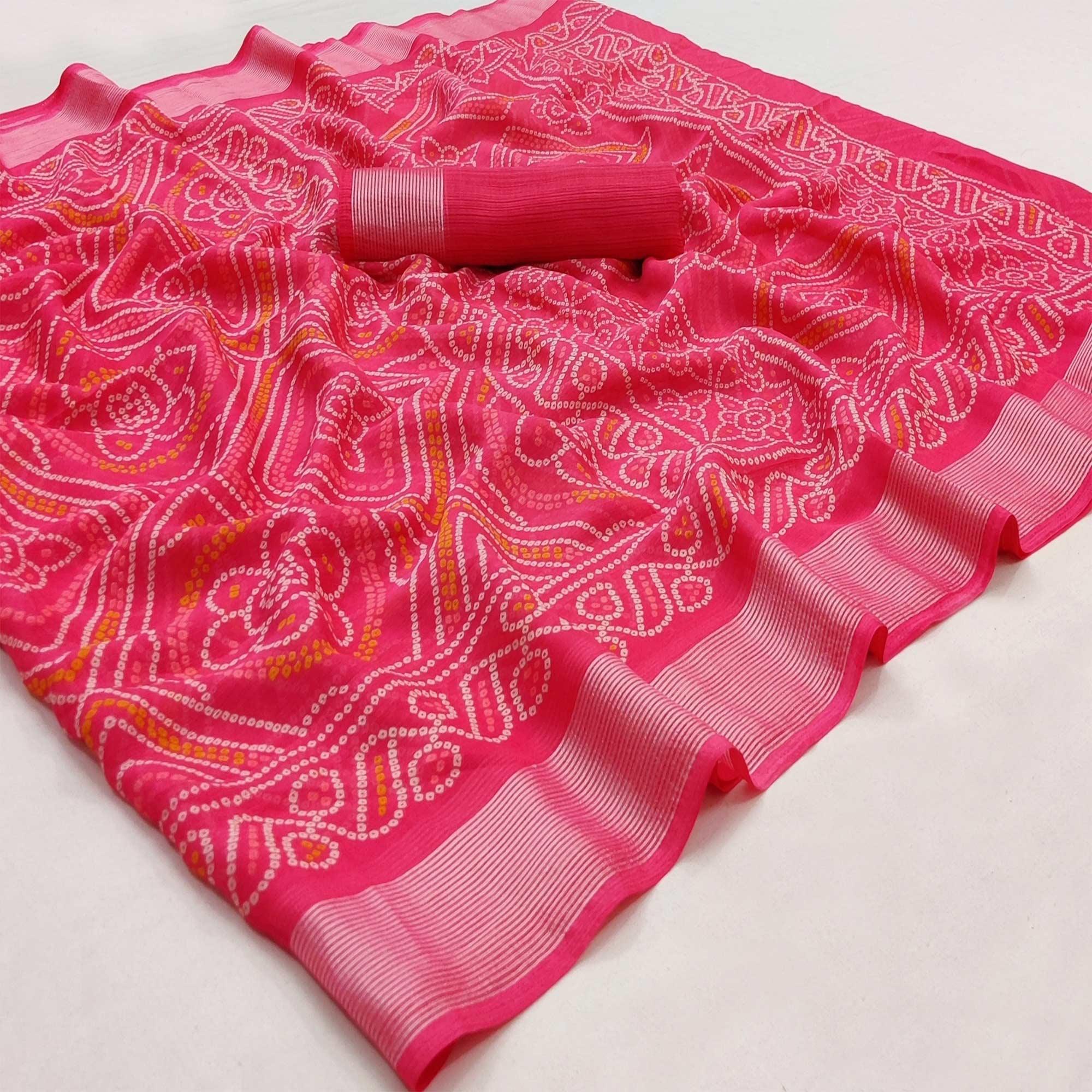 Rani Pink Casual Wear Bandhani Printed Chiffon Saree - Peachmode