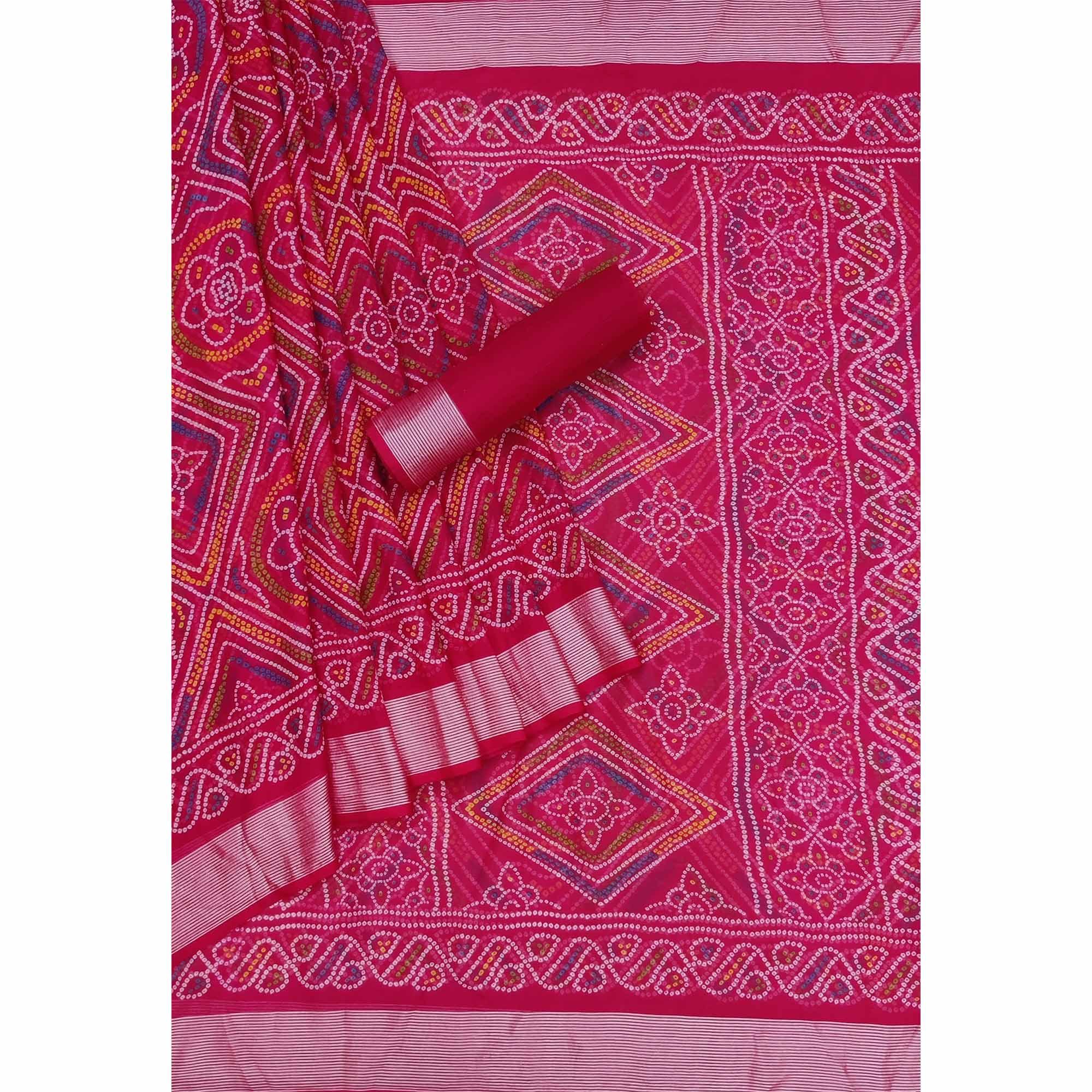 Rani Pink Casual Wear Bandhani Printed Chiffon Saree - Peachmode