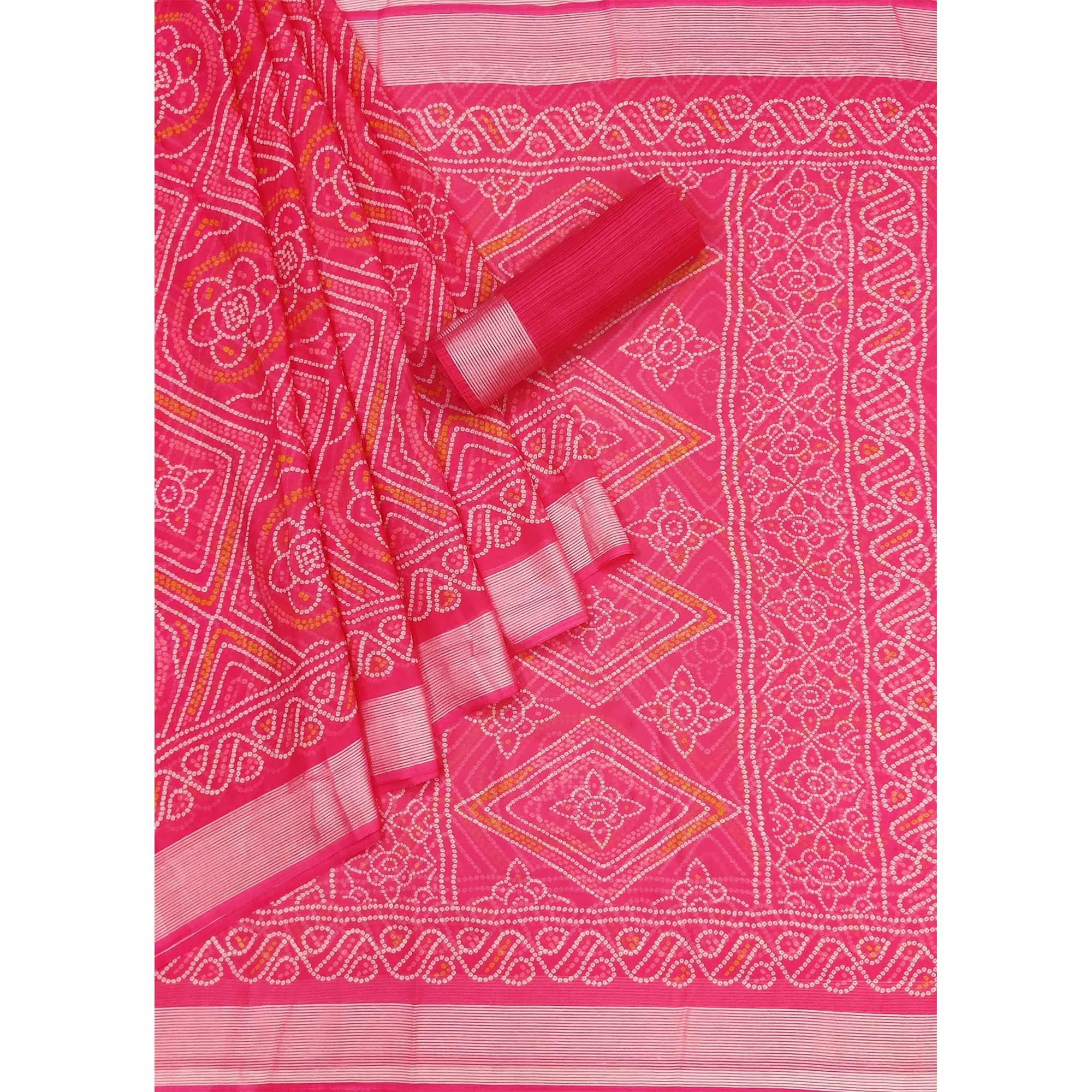 Rani Pink Casual Wear Bandhani Printed Chiffon Saree - Peachmode