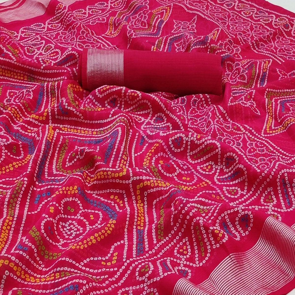 Rani Pink Casual Wear Bandhani Printed Chiffon Saree - Peachmode