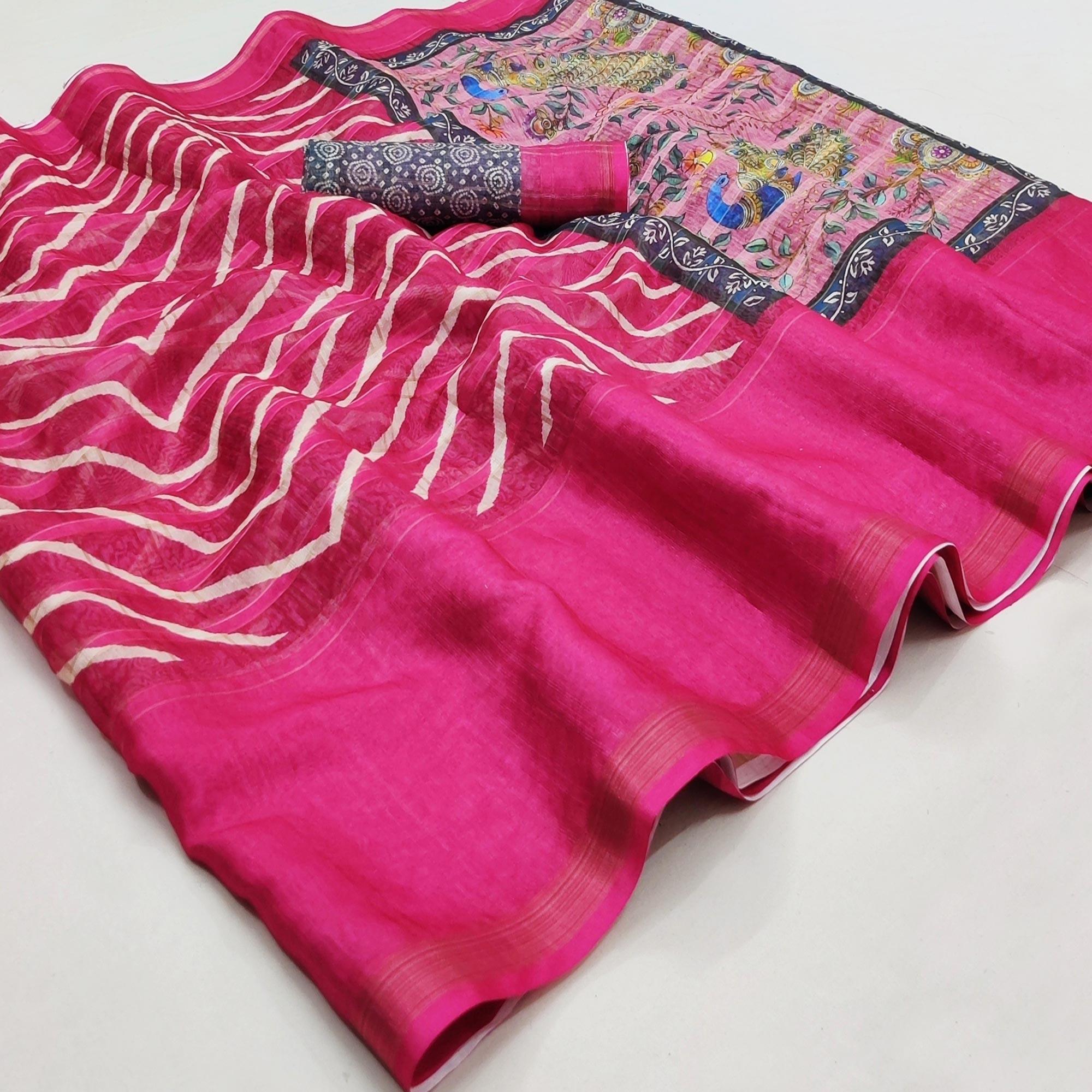 Rani Pink Casual Wear Digital Striped Printed Silk Saree With Jari Jacquard Border - Peachmode