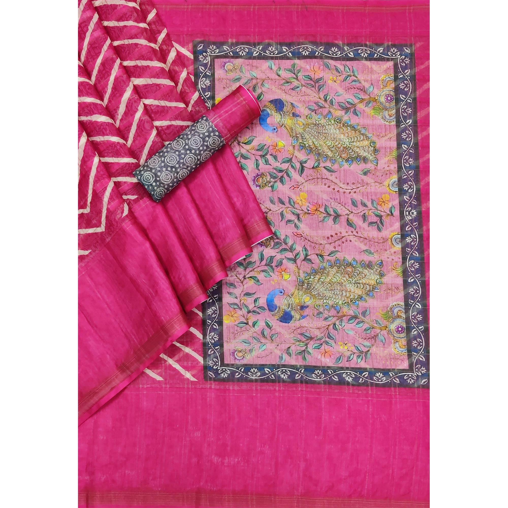 Rani Pink Casual Wear Digital Striped Printed Silk Saree With Jari Jacquard Border - Peachmode