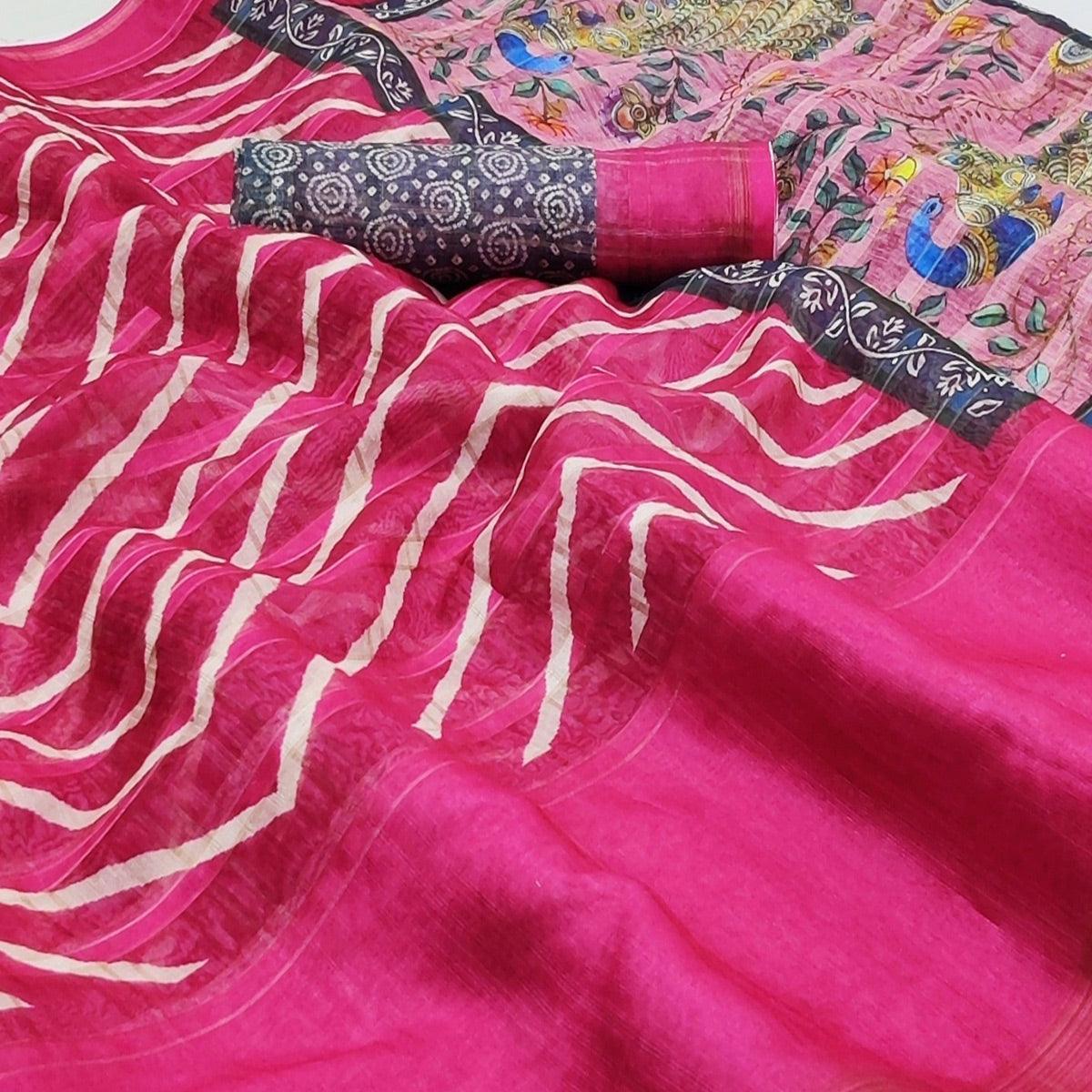 Rani Pink Casual Wear Digital Striped Printed Silk Saree With Jari Jacquard Border - Peachmode