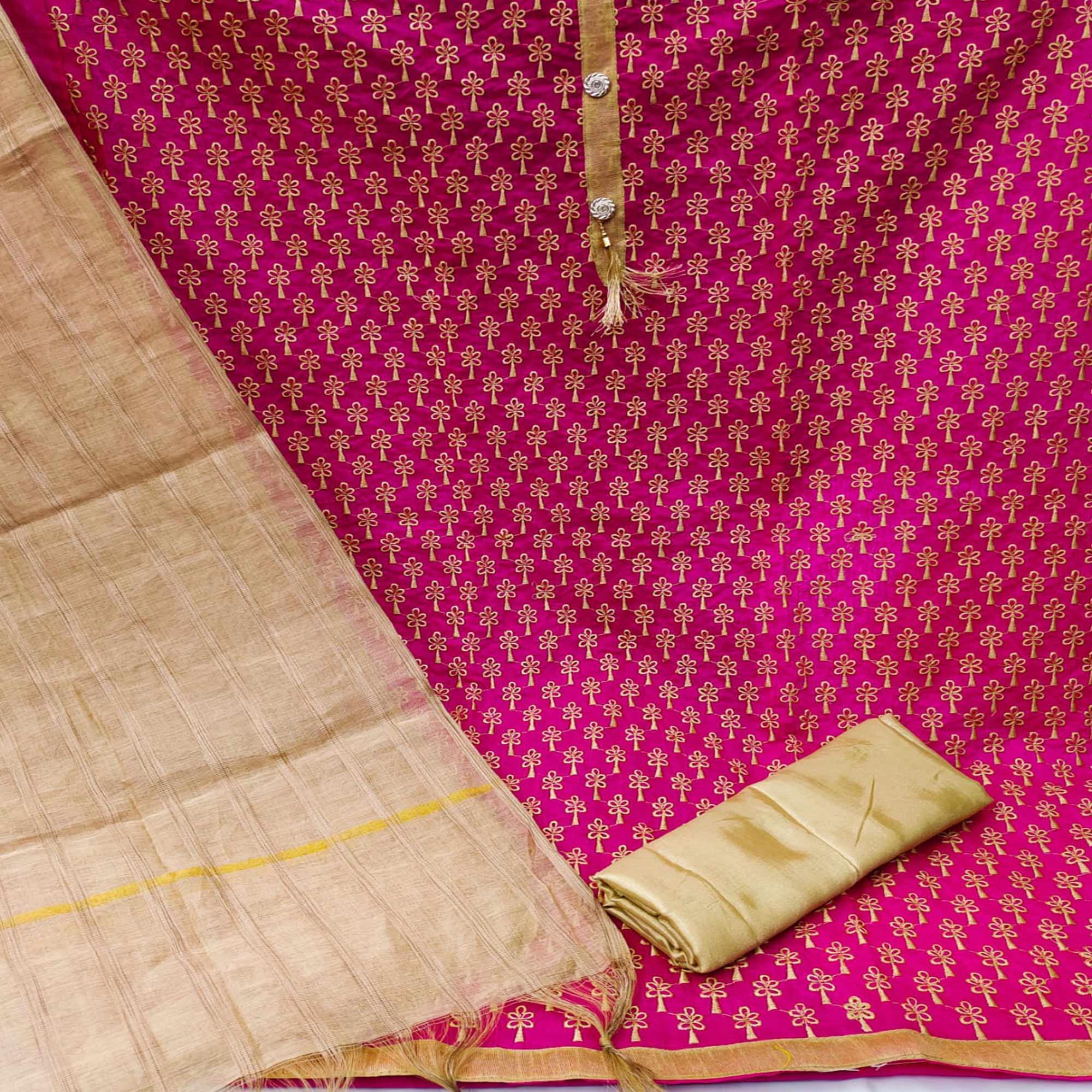 Rani Pink Casual Wear Embroidered Chanderi Dress Material - Peachmode