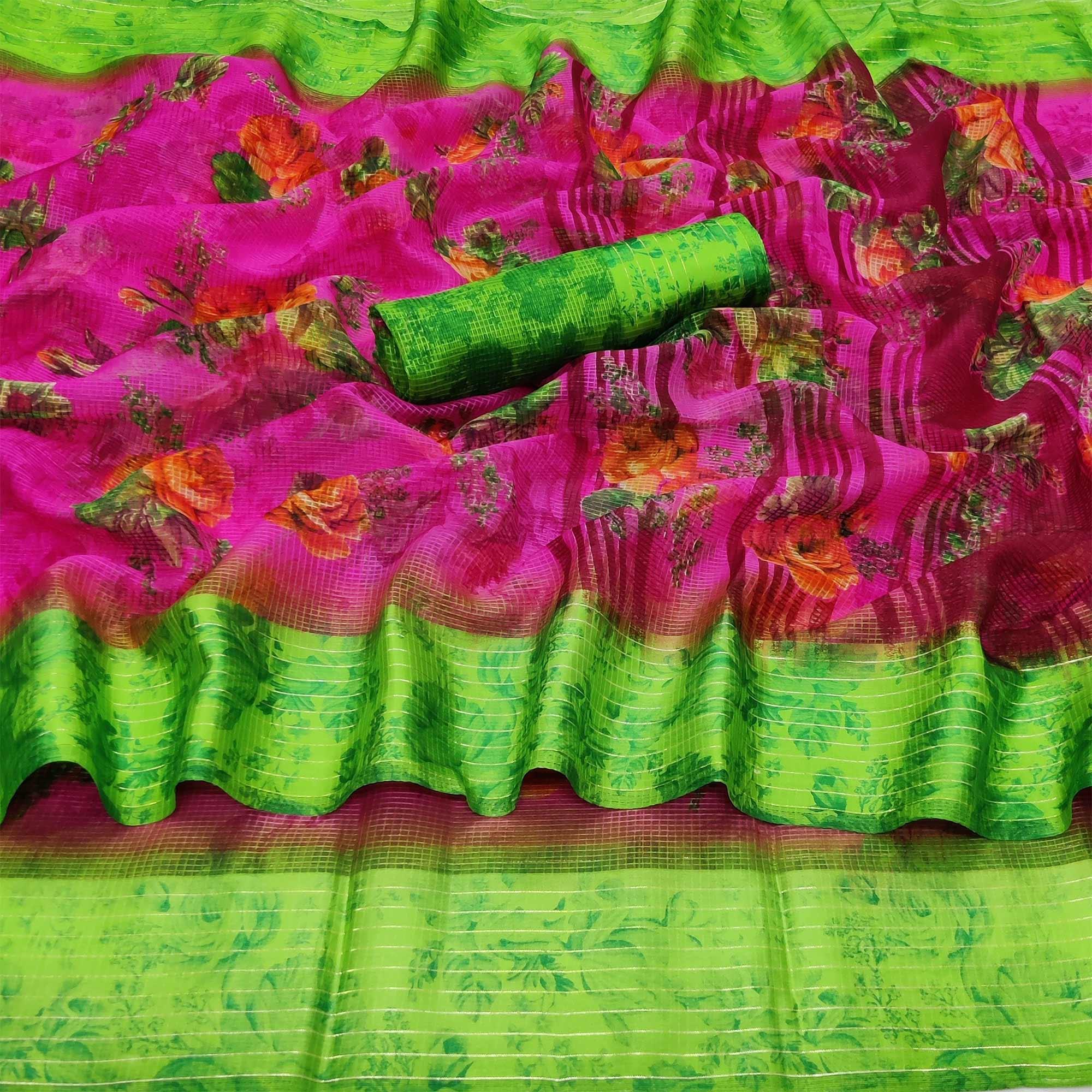 Rani Pink Casual Wear Floral Digital Printed linen Saree - Peachmode