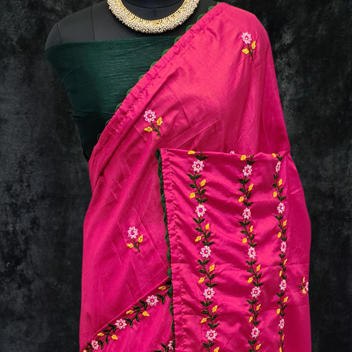 Rani Pink Casual Wear Floral Embroidered Dola Silk Saree - Peachmode
