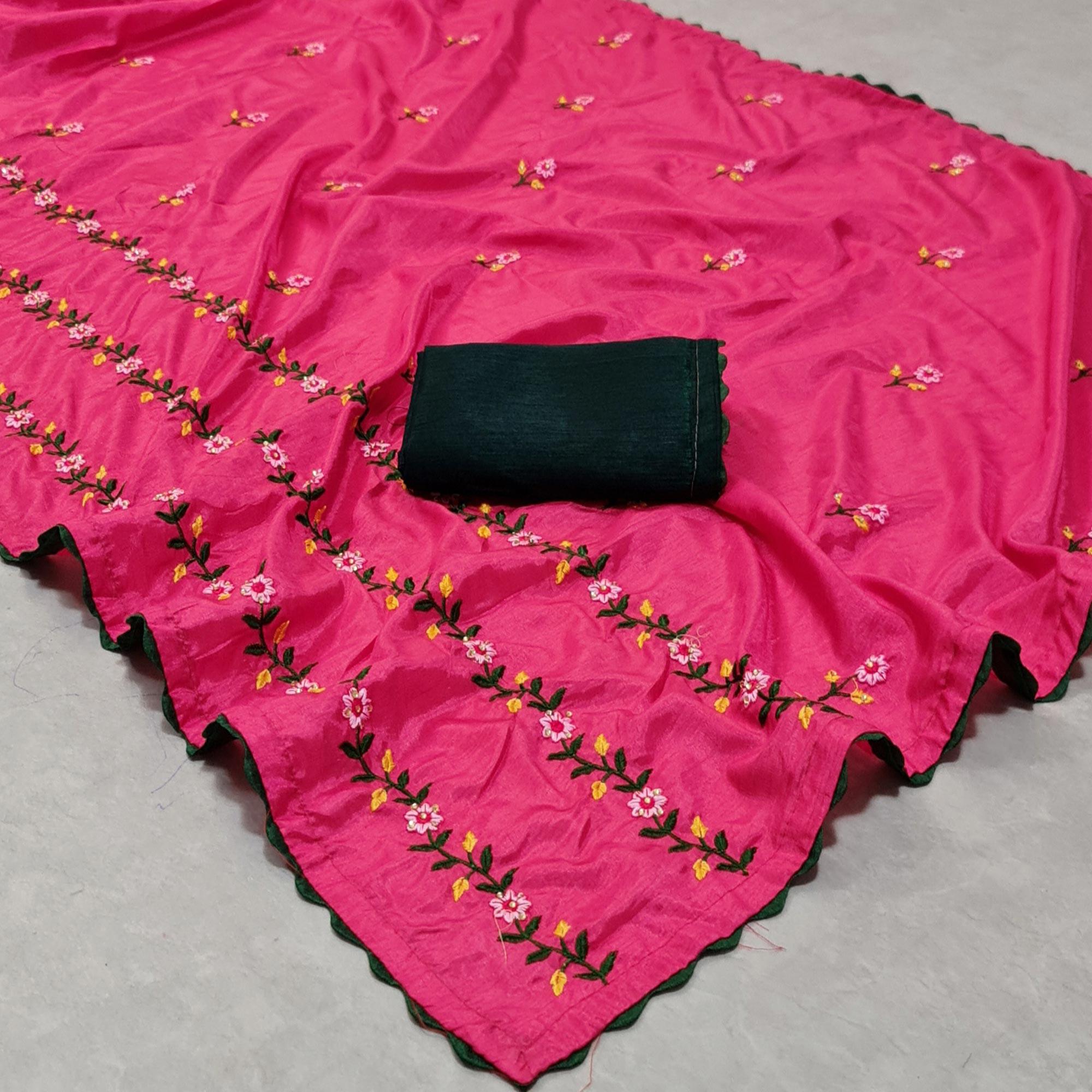 Rani Pink Casual Wear Floral Embroidered Dola Silk Saree - Peachmode