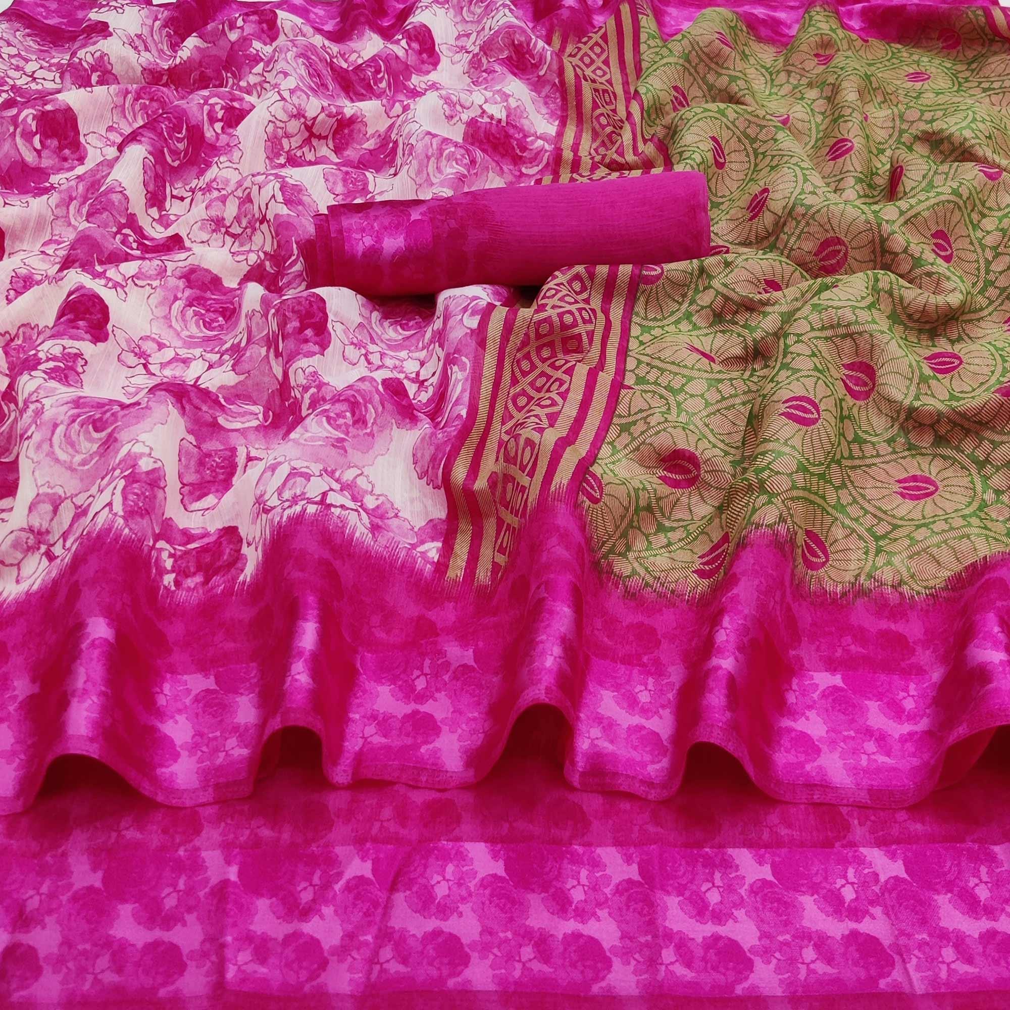 Rani Pink Casual Wear Floral Printed Linen-Satin Saree - Peachmode