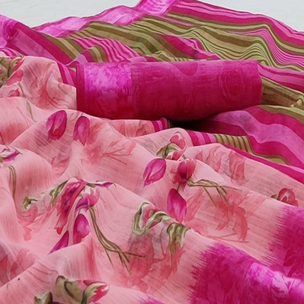 Rani Pink Casual Wear Floral Printed Linen-Satin Saree - Peachmode