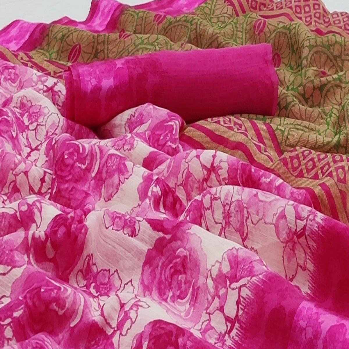 Rani Pink Casual Wear Floral Printed Linen-Satin Saree - Peachmode