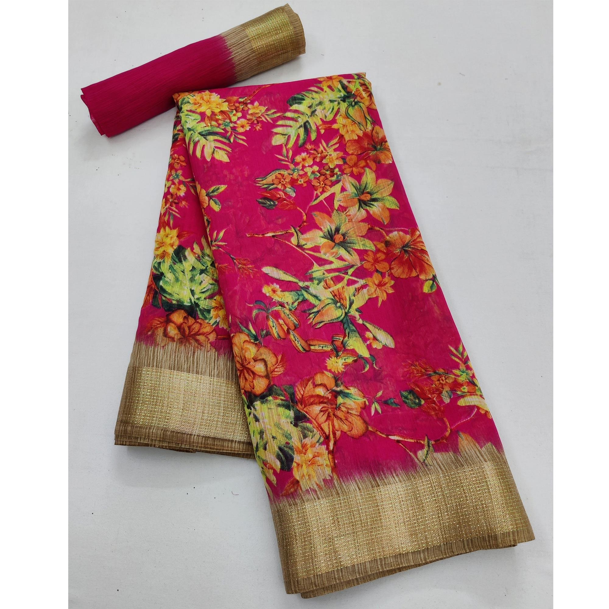 Rani Pink Casual Wear Floral Printed With Jari Border Cotton Saree - Peachmode