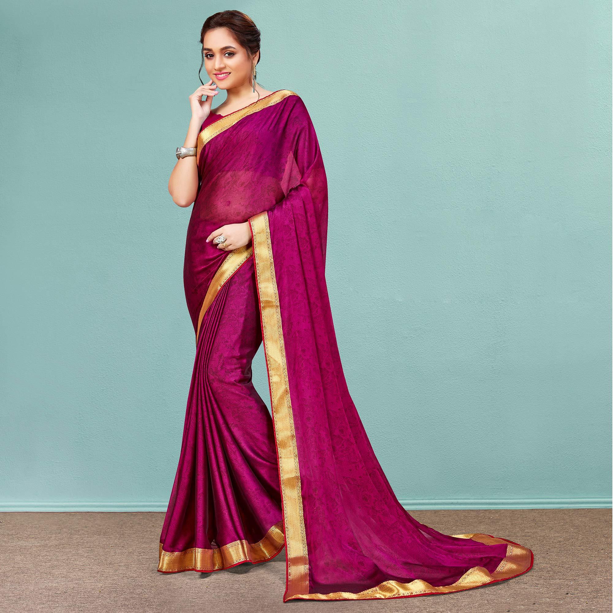 Rani Pink Casual Wear Printed  Chiffon Saree With Banarasi Lace - Peachmode