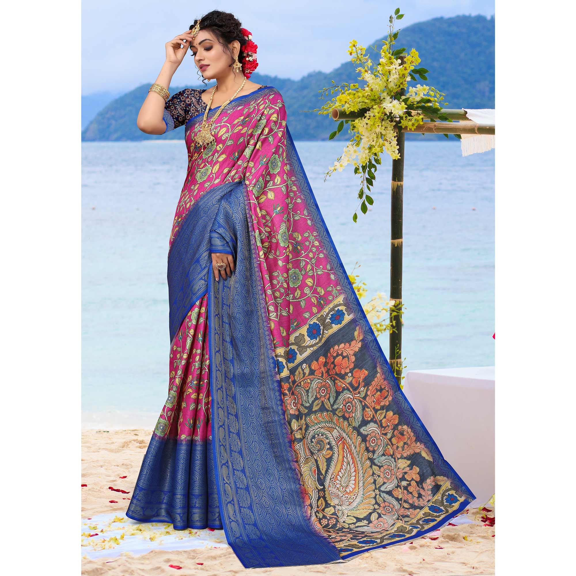 Rani Pink Digital Printed Khaadi Saree - Peachmode