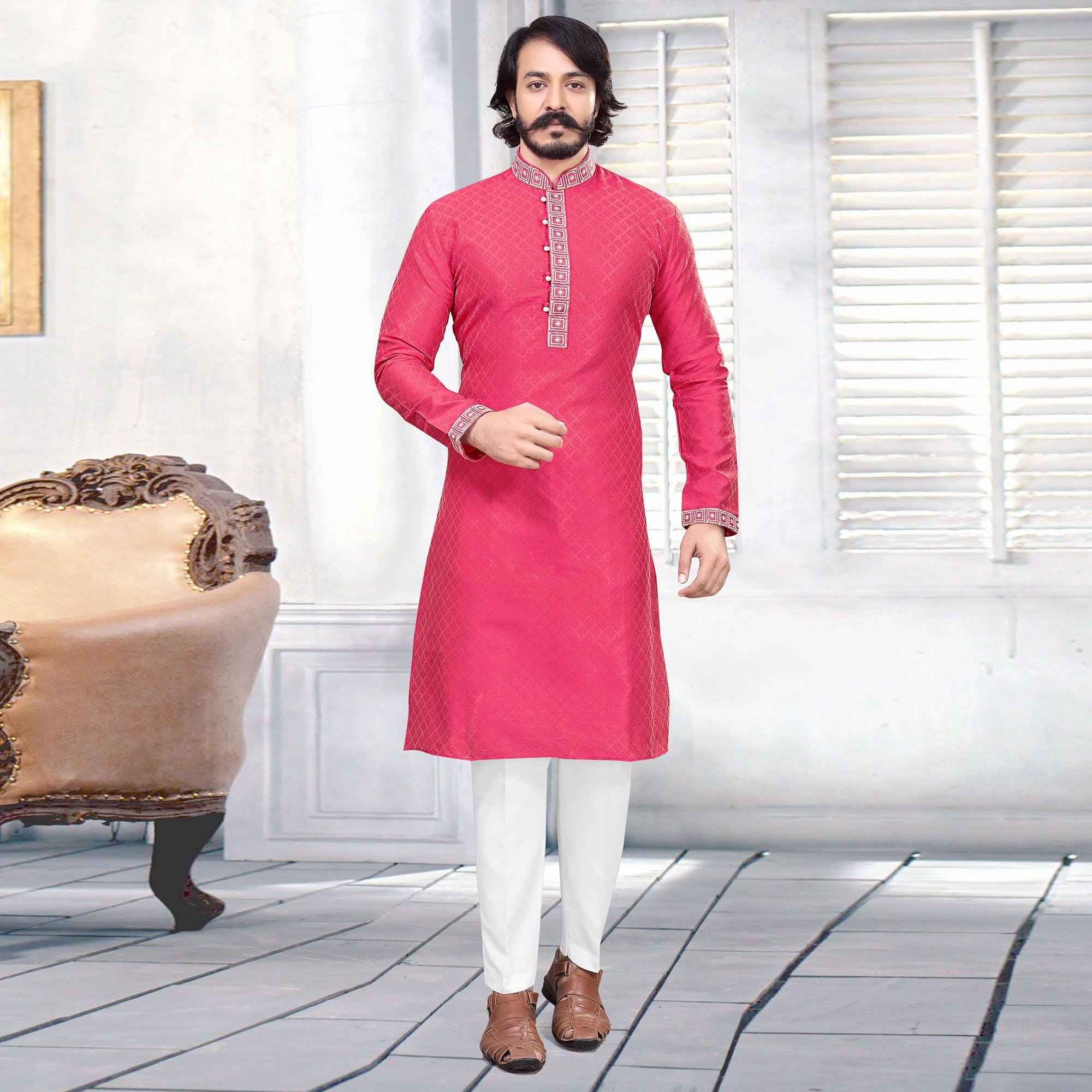 Rani Pink Embroidered Art Silk Mens's Kurta Pyjama Set - Peachmode