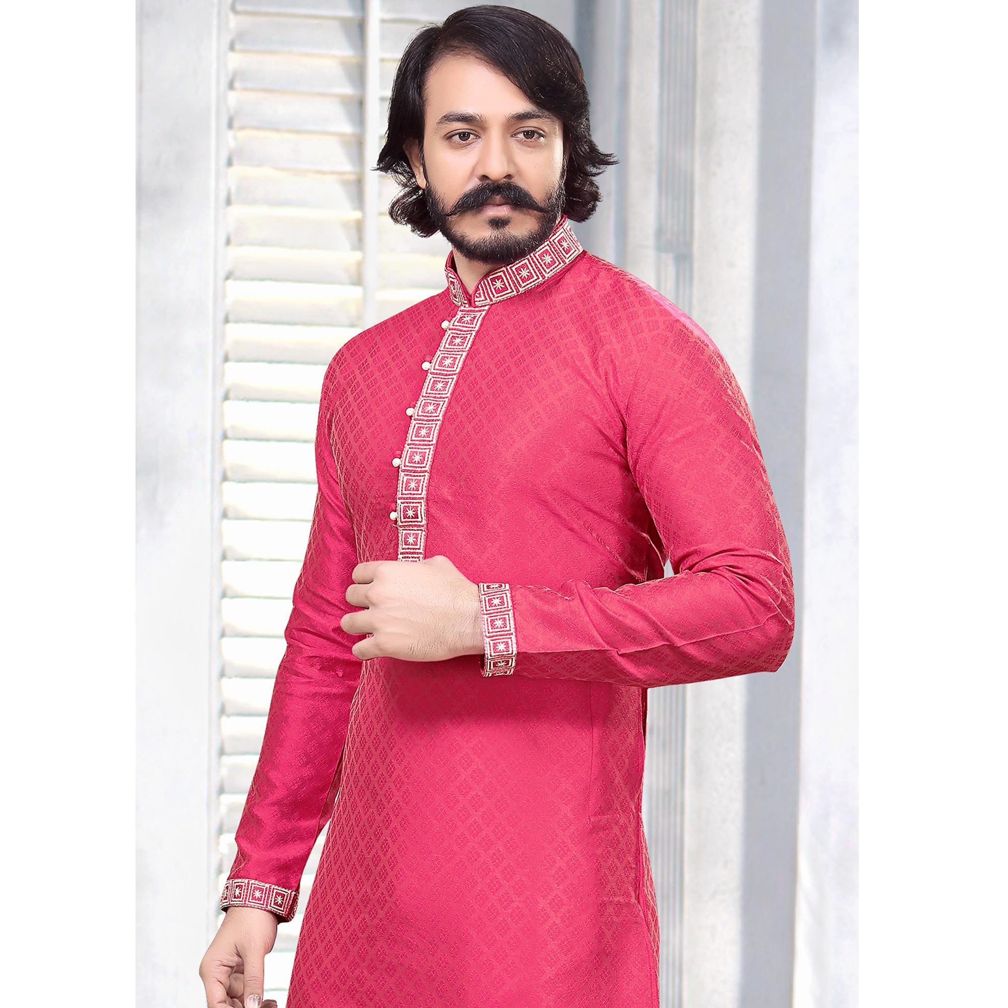 Rani Pink Embroidered Art Silk Mens's Kurta Pyjama Set - Peachmode