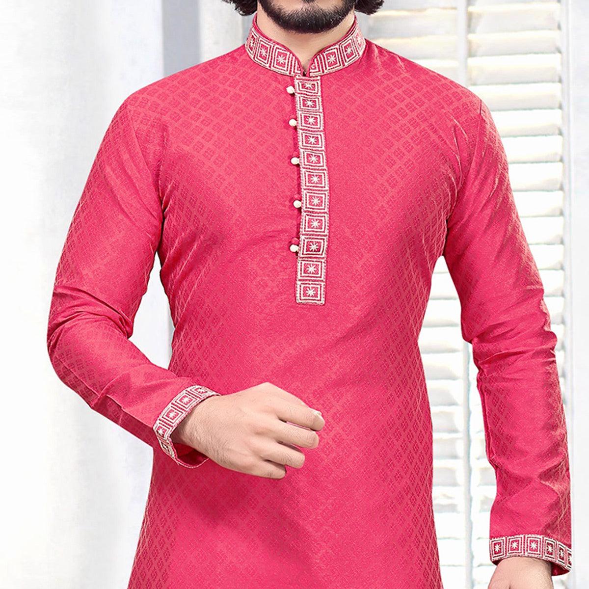 Rani Pink Embroidered Art Silk Mens's Kurta Pyjama Set - Peachmode