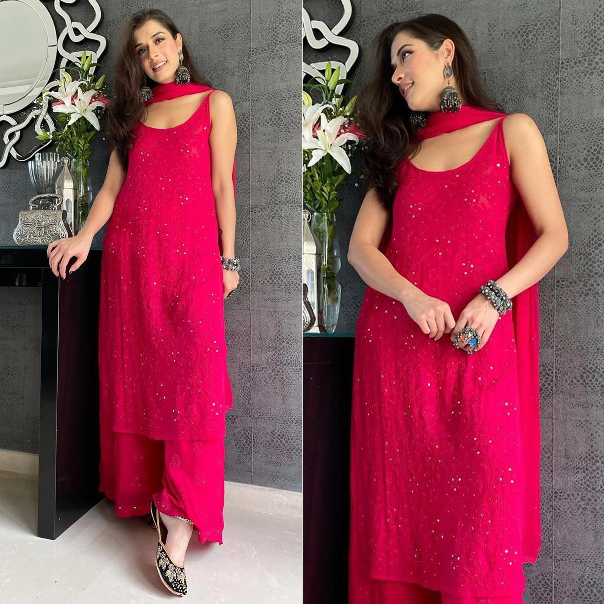 Rani Pink Embroidered Georgette Palazzo Suit - Peachmode