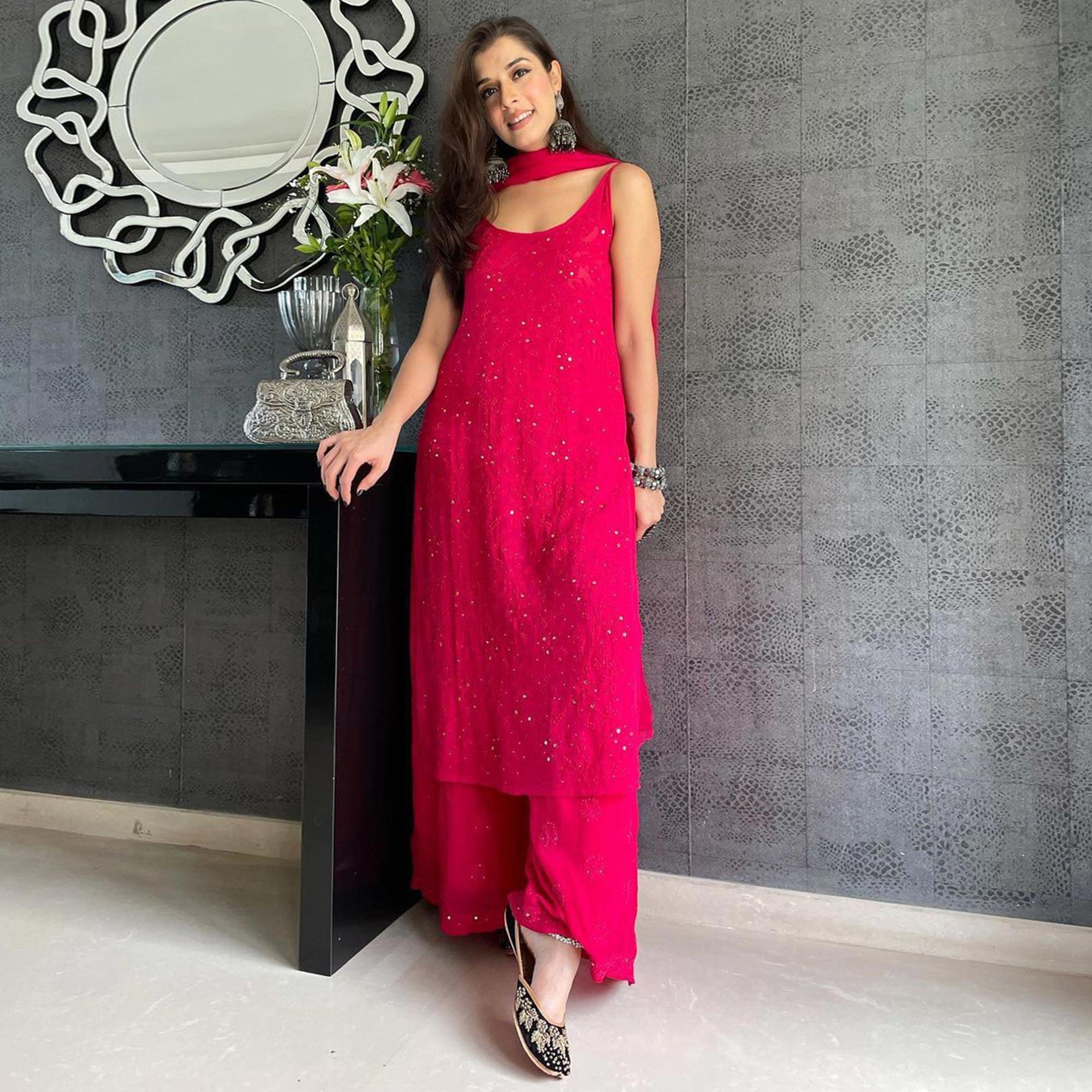 Rani Pink Embroidered Georgette Palazzo Suit - Peachmode