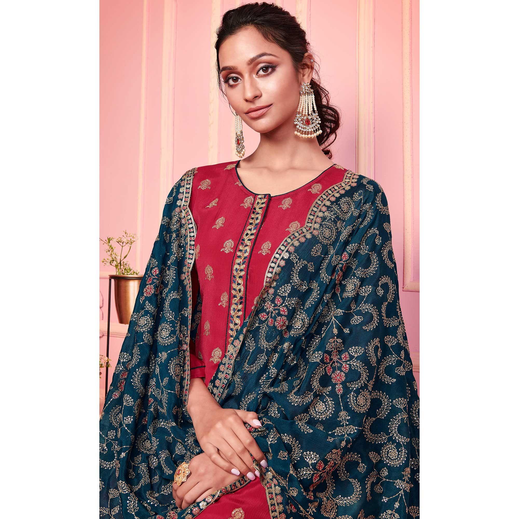 Rani Pink Embroidered Georgette Suit - Peachmode