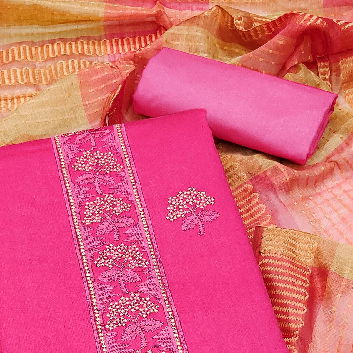 Rani Pink Embroidered Pure Cotton Dress Material - Peachmode
