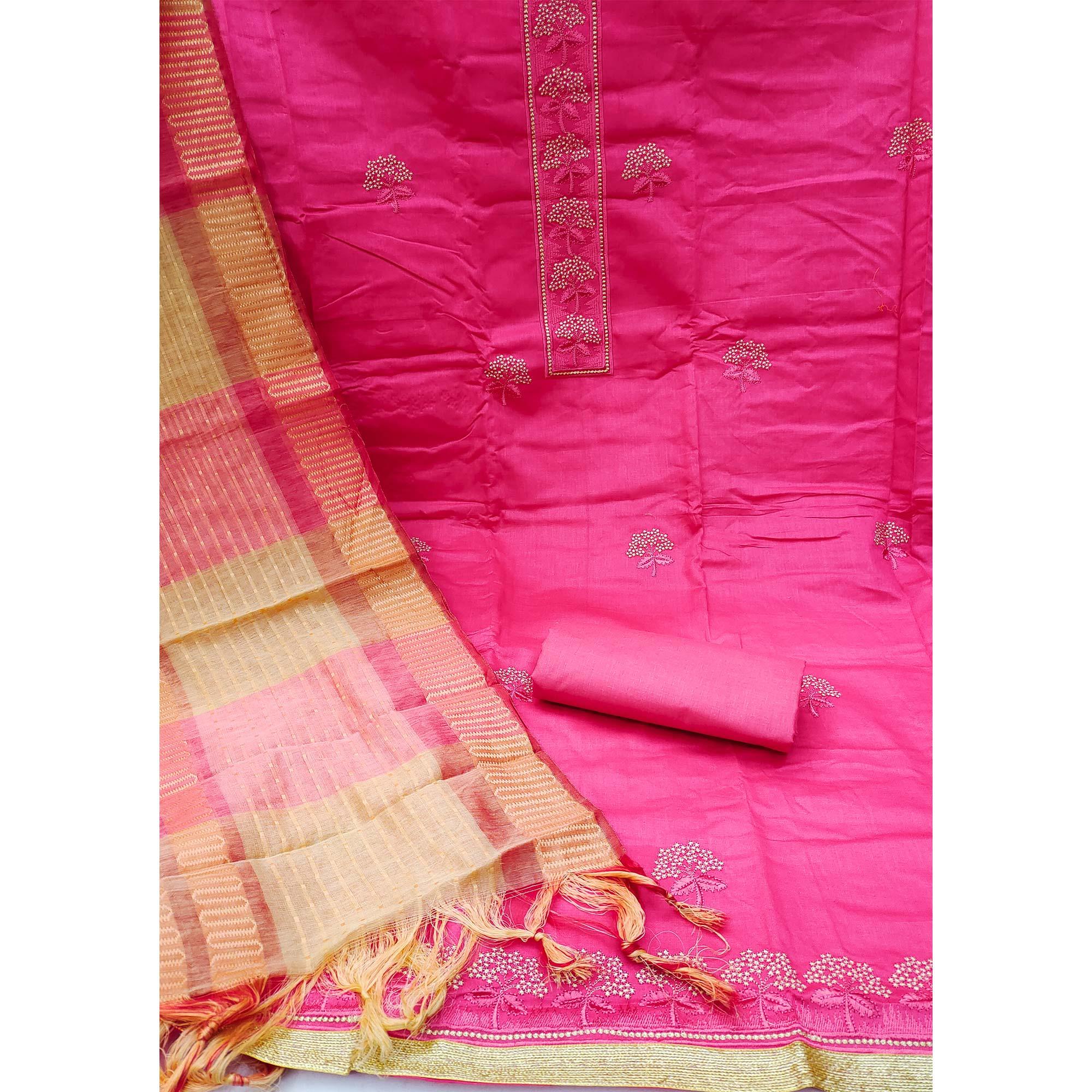Rani Pink Embroidered Pure Cotton Dress Material - Peachmode