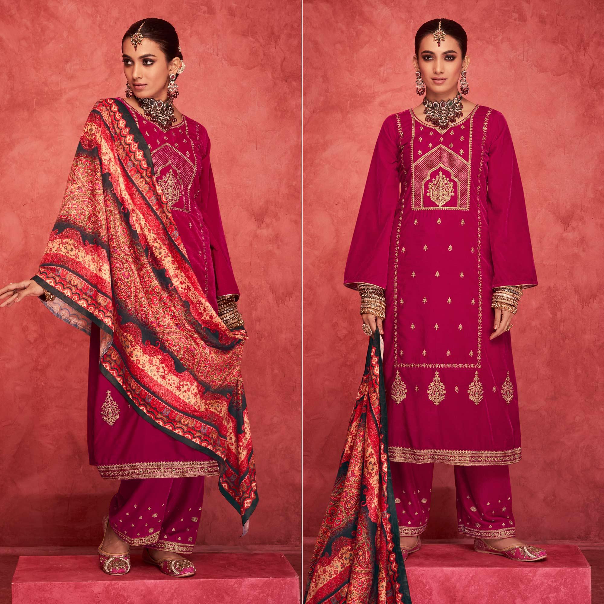 Rani Pink Embroidered Velvet Pakistani Suit - Peachmode