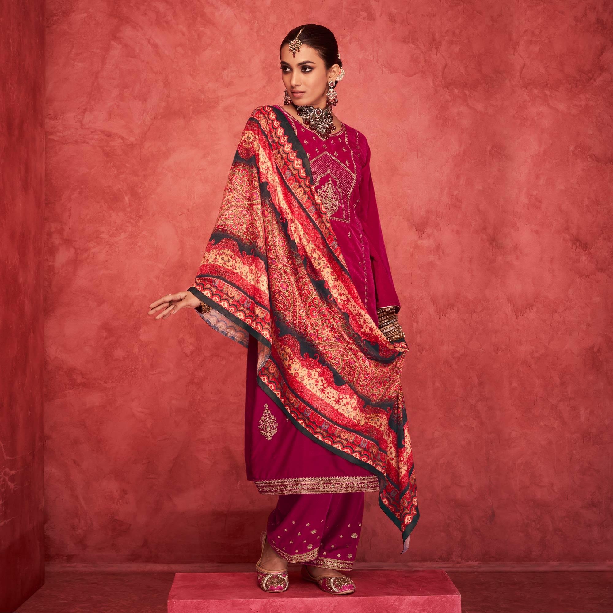 Rani Pink Embroidered Velvet Pakistani Suit - Peachmode