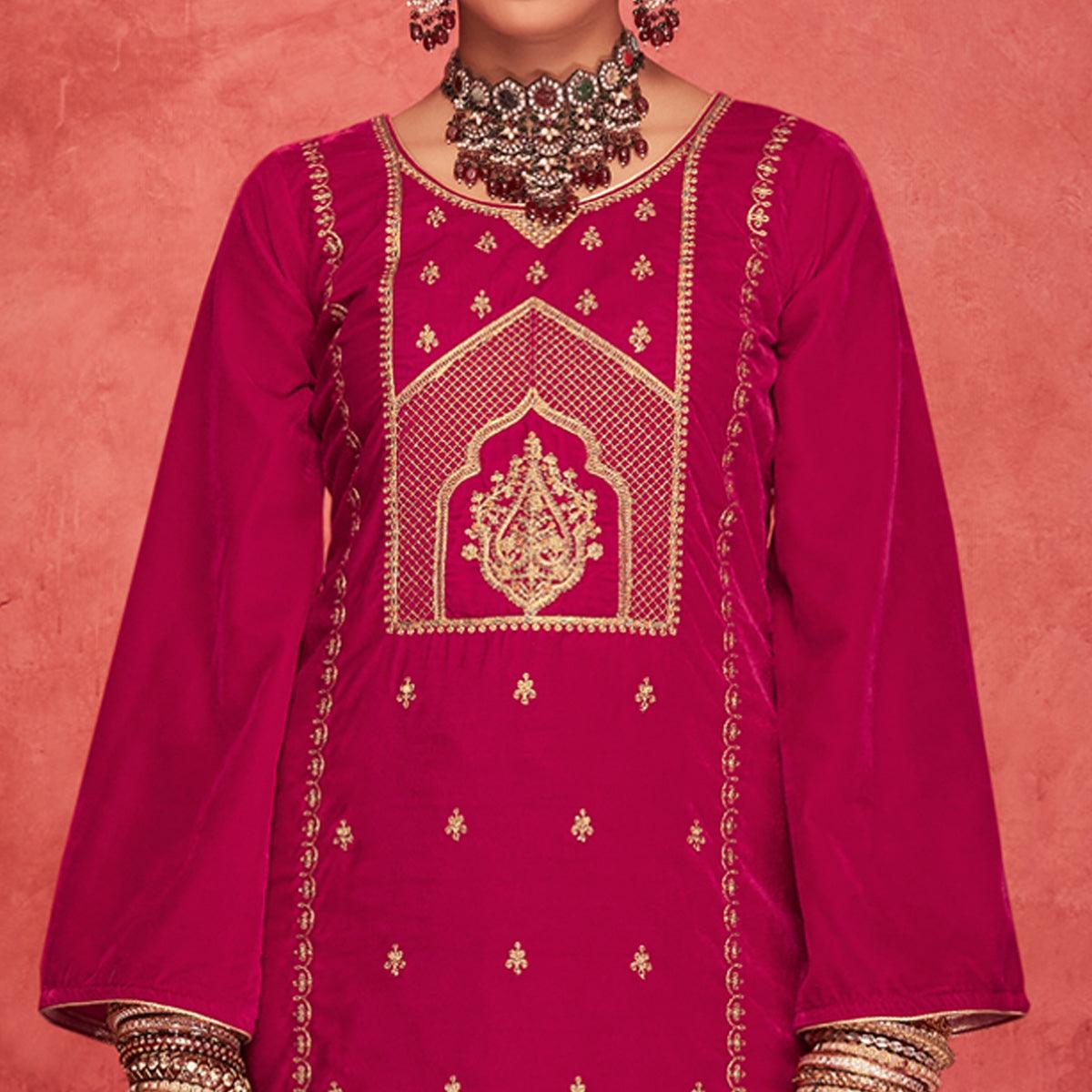 Rani Pink Embroidered Velvet Pakistani Suit - Peachmode