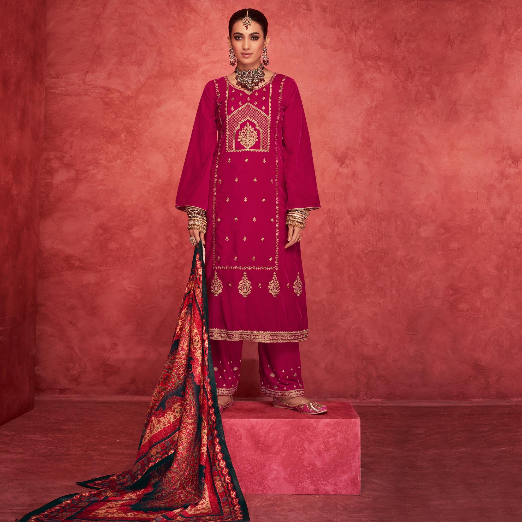 Rani Pink Embroidered Velvet Pakistani Suit - Peachmode