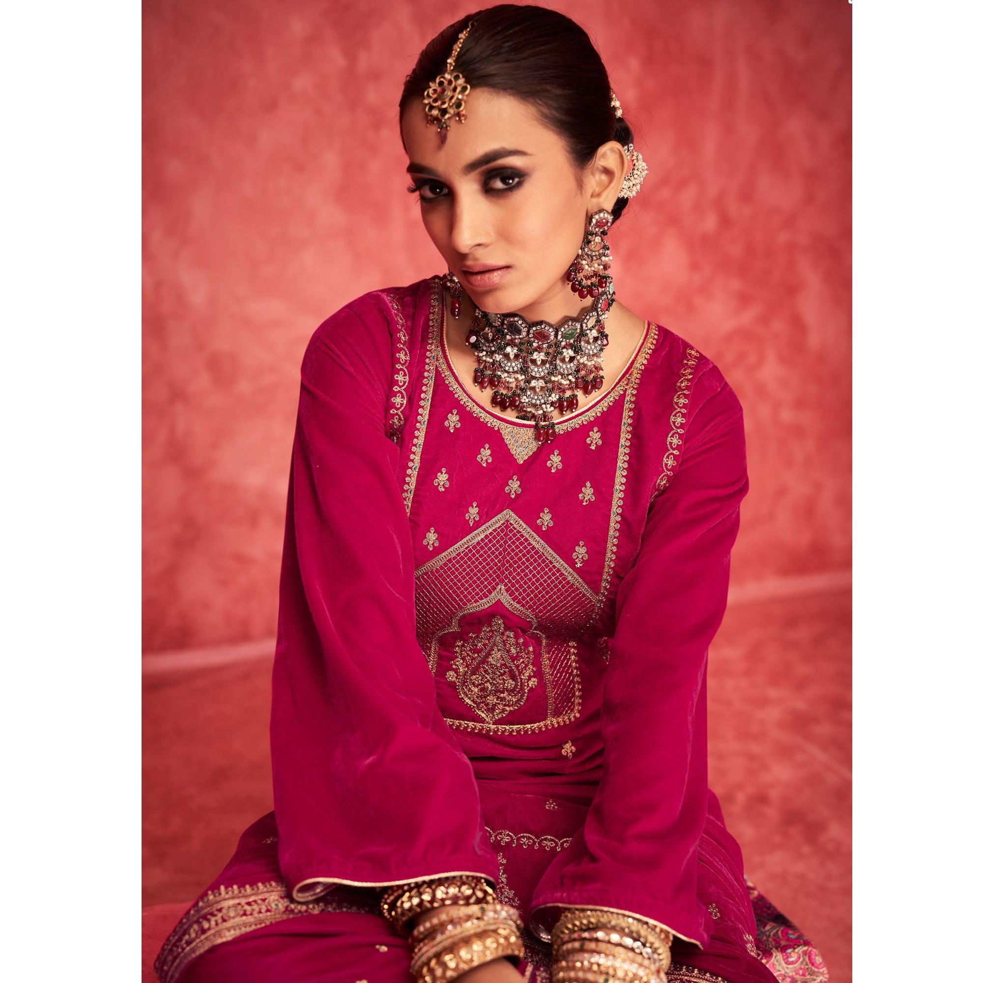 Rani Pink Embroidered Velvet Pakistani Suit - Peachmode