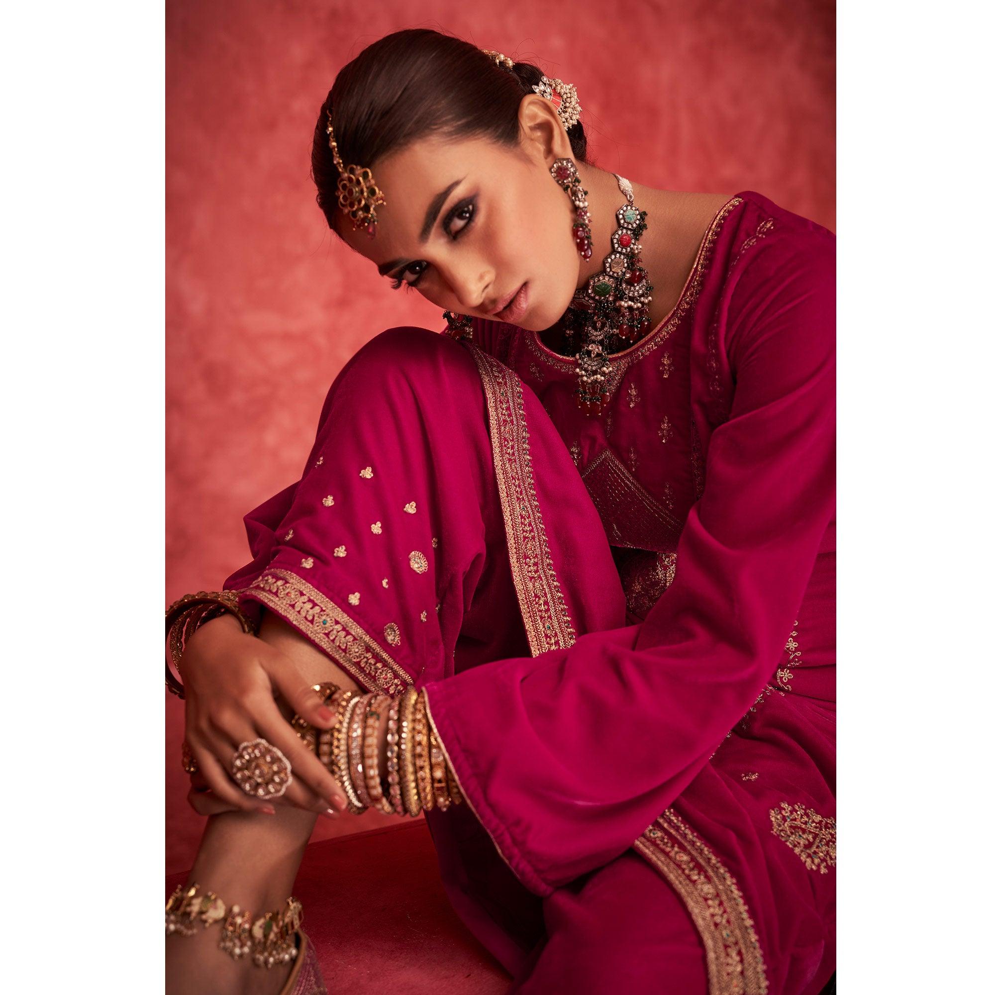 Rani Pink Embroidered Velvet Pakistani Suit - Peachmode