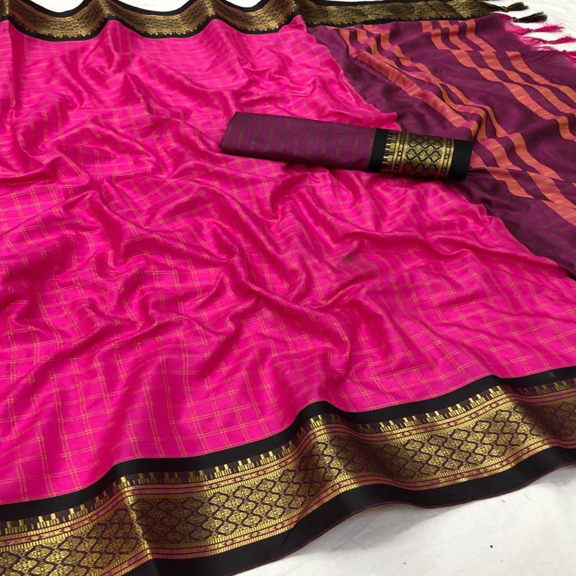 Rani Pink Festive Wear Checks With Woven Border Cotton Silk Saree - Peachmode