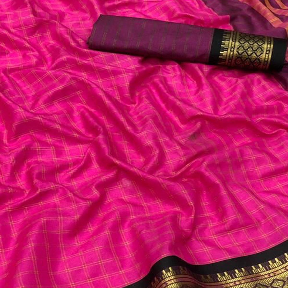 Rani Pink Festive Wear Checks With Woven Border Cotton Silk Saree - Peachmode