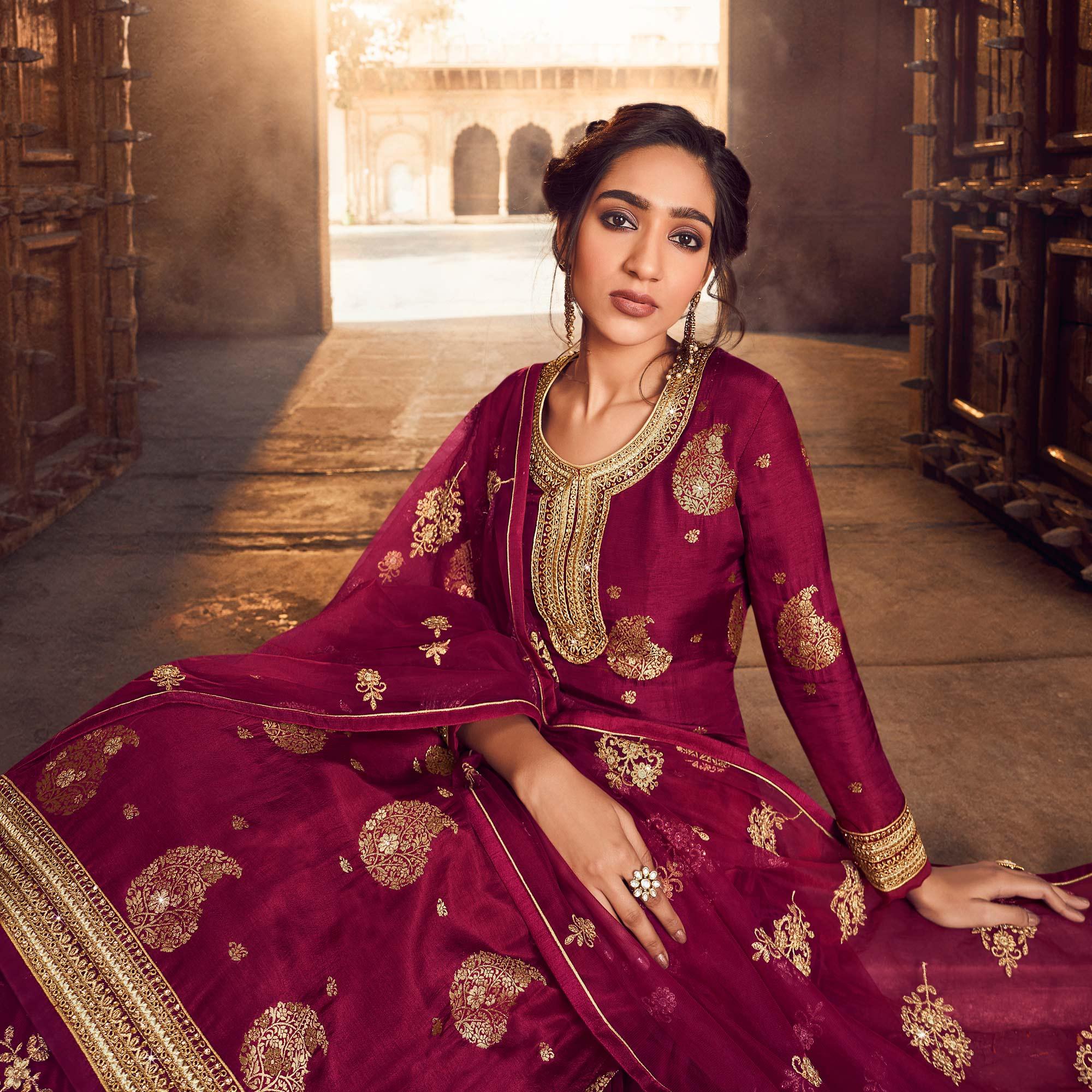 Rani Pink Festive Wear Floral Emboidered With Diamond Net Lehenga Choli - Peachmode