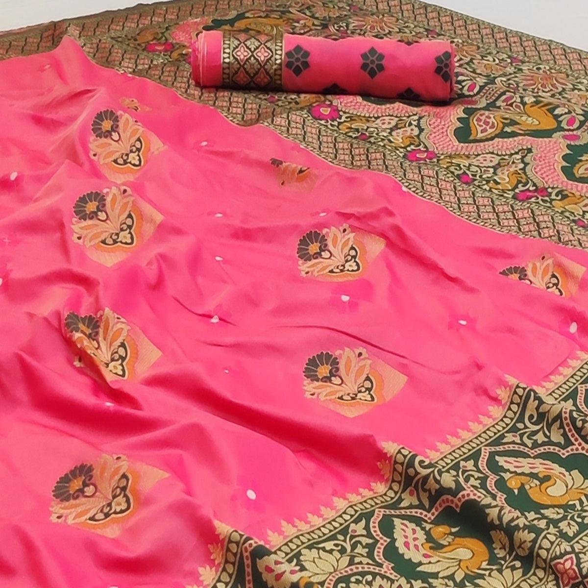 Rani Pink Festive Wear Floral Woven Designer Soft Silk Banarasi Saree - Peachmode