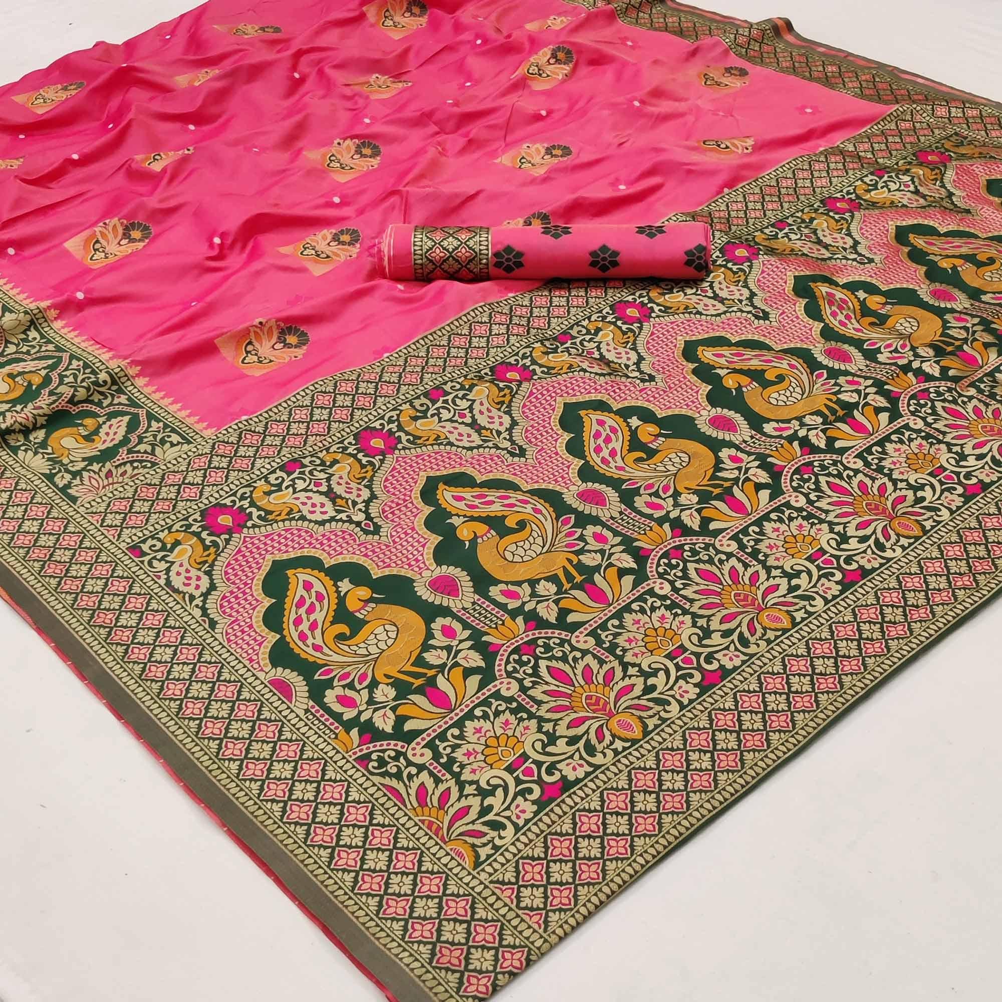 Rani Pink Festive Wear Floral Woven Designer Soft Silk Banarasi Saree - Peachmode