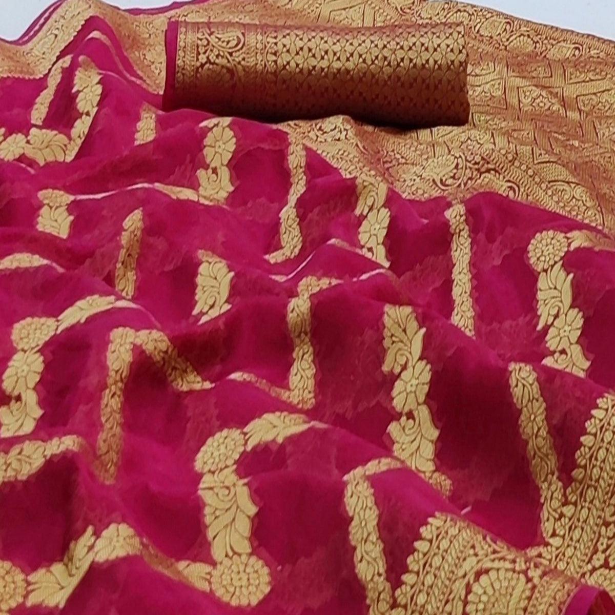Rani Pink Festive Wear Floral Woven Soft Organza Saree - Peachmode