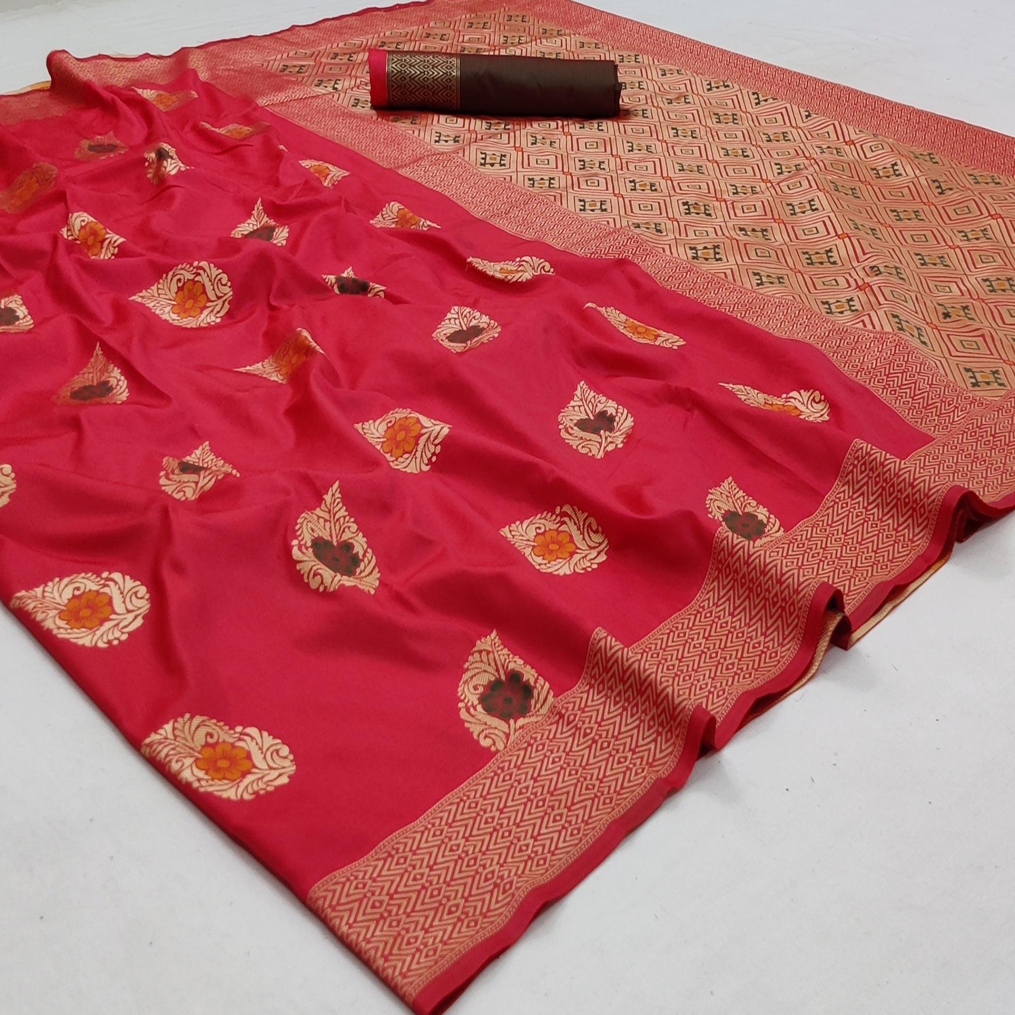 Rani Pink Festive Wear Floral Woven Soft Silk Banarasi Saree - Peachmode