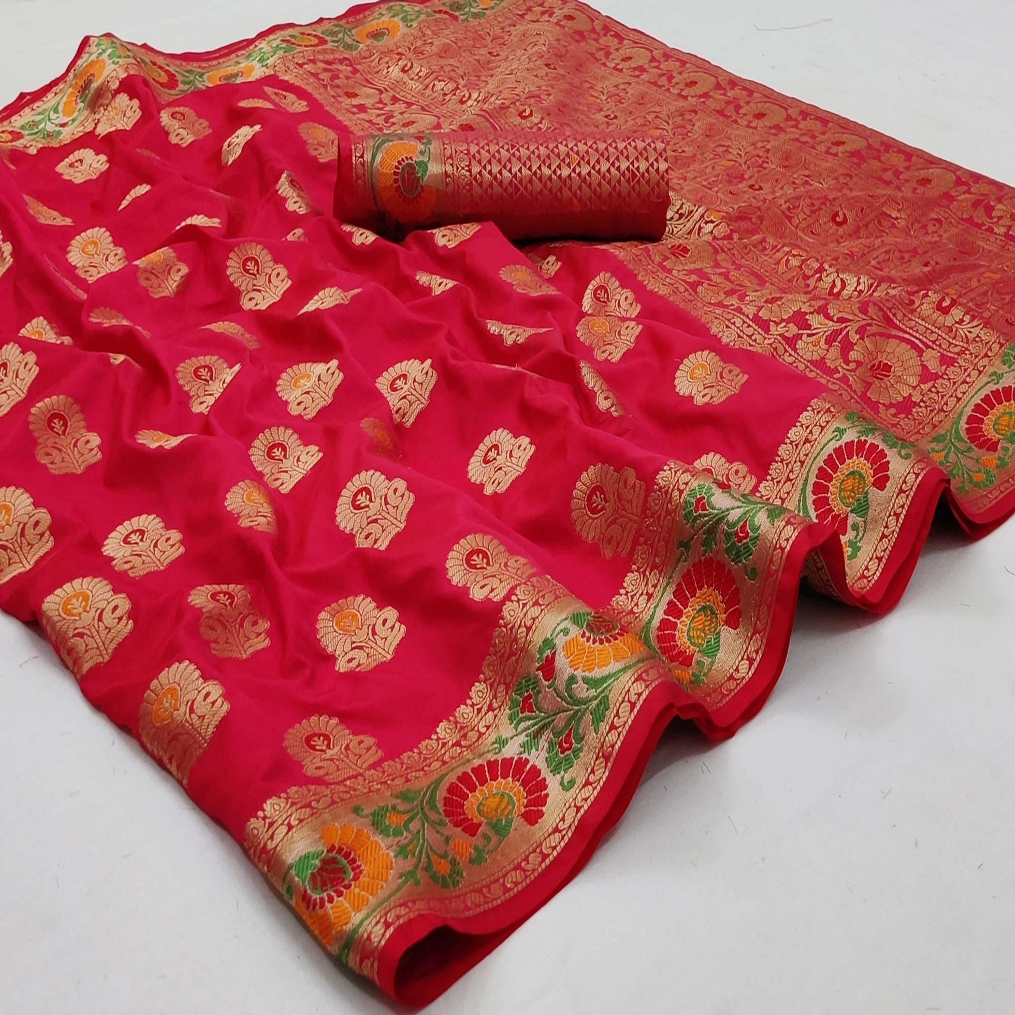 Rani Pink Festive Wear Floral Woven Soft Silk Saree - Peachmode