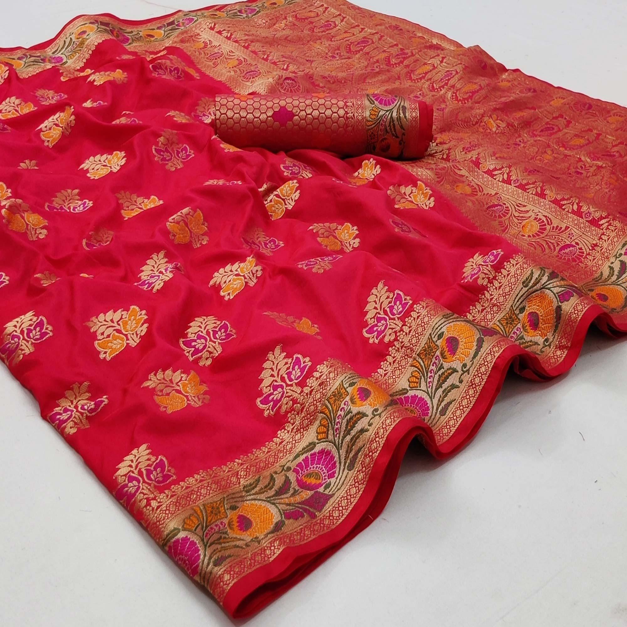 Rani Pink Festive Wear Floral Woven Soft Silk Saree - Peachmode