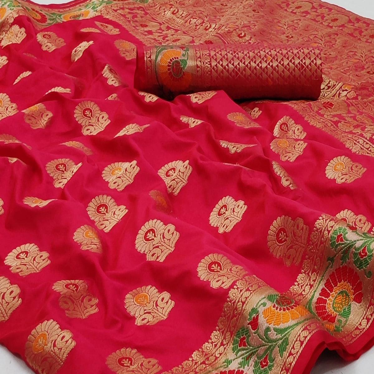 Rani Pink Festive Wear Floral Woven Soft Silk Saree - Peachmode