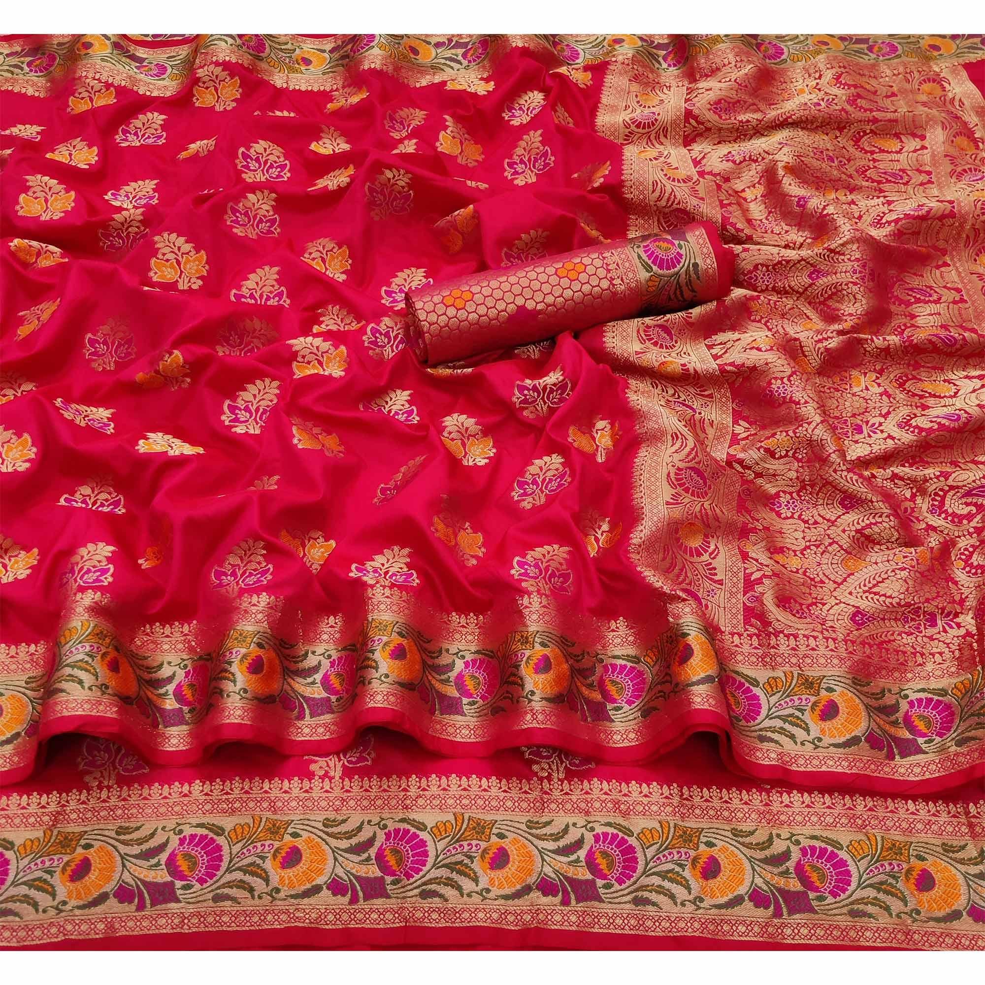 Rani Pink Festive Wear Floral Woven Soft Silk Saree - Peachmode