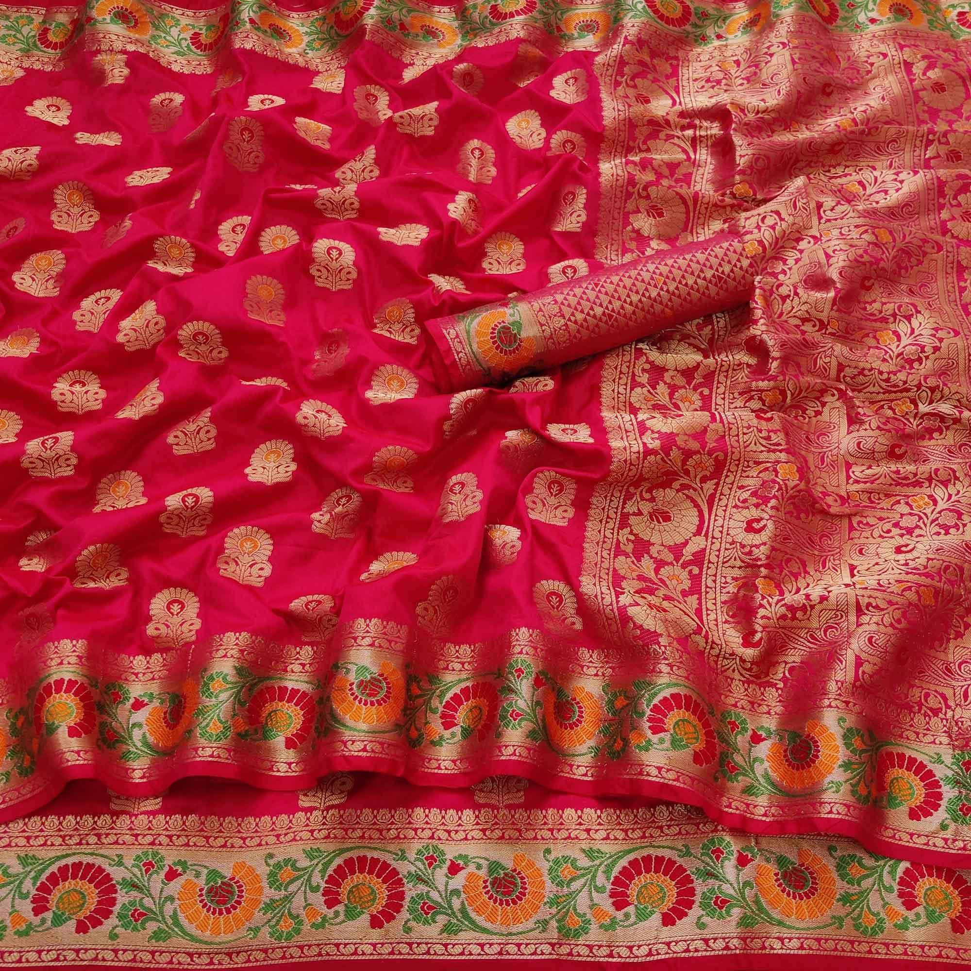 Rani Pink Festive Wear Floral Woven Soft Silk Saree - Peachmode