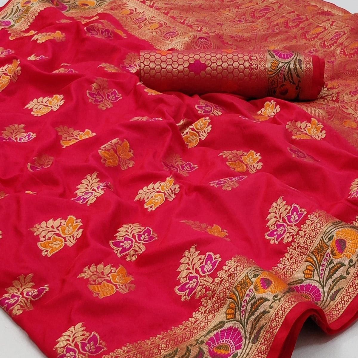 Rani Pink Festive Wear Floral Woven Soft Silk Saree - Peachmode