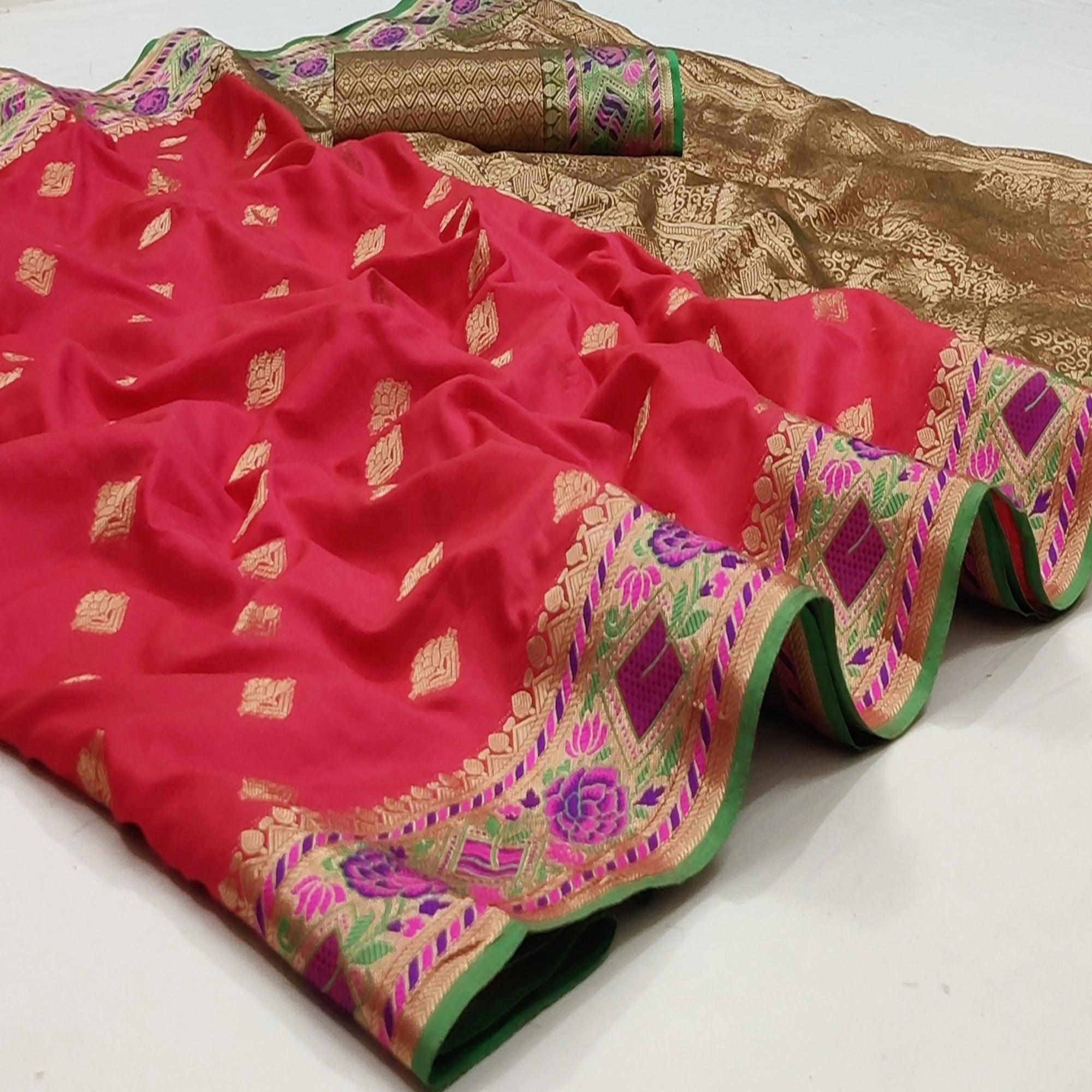 Rani Pink Festive Wear Floral Woven Soft Silk Saree With Jacquard Border - Peachmode