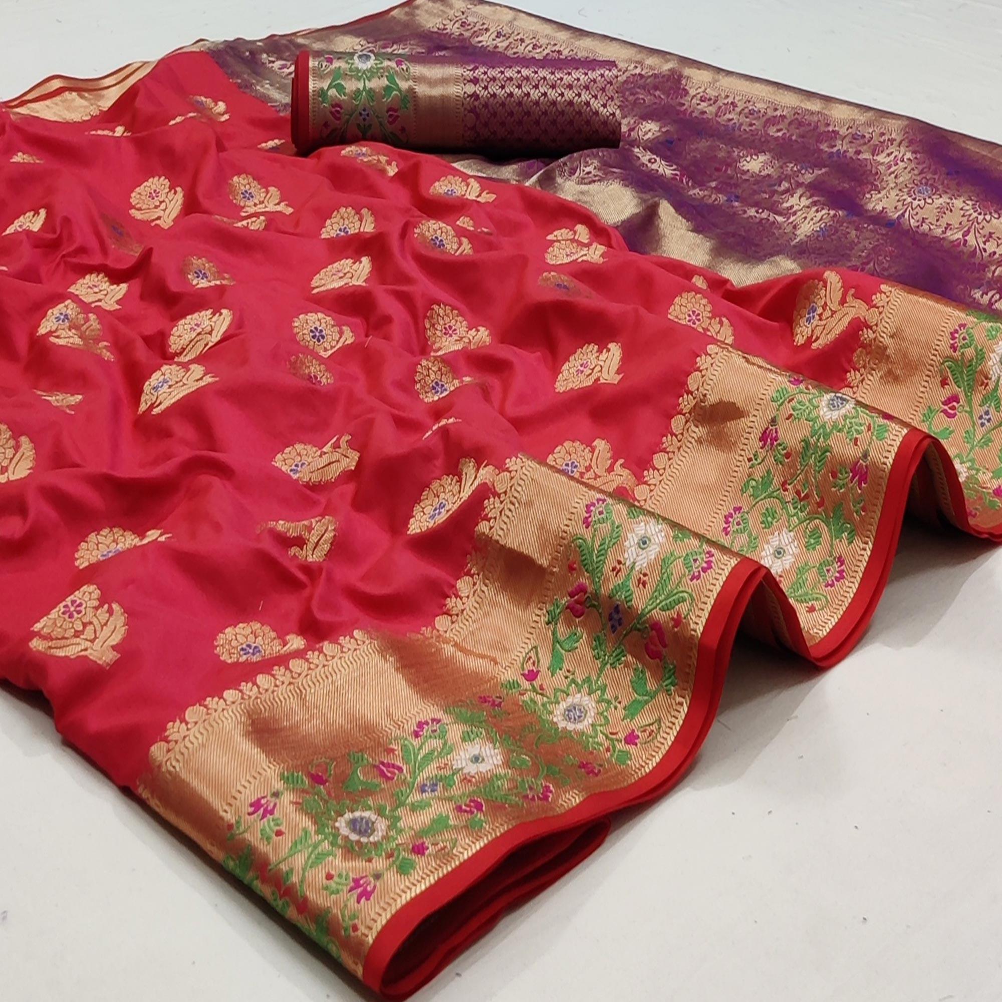 Rani Pink Festive Wear Floral Woven Soft Silk Saree With Jacquard Border - Peachmode