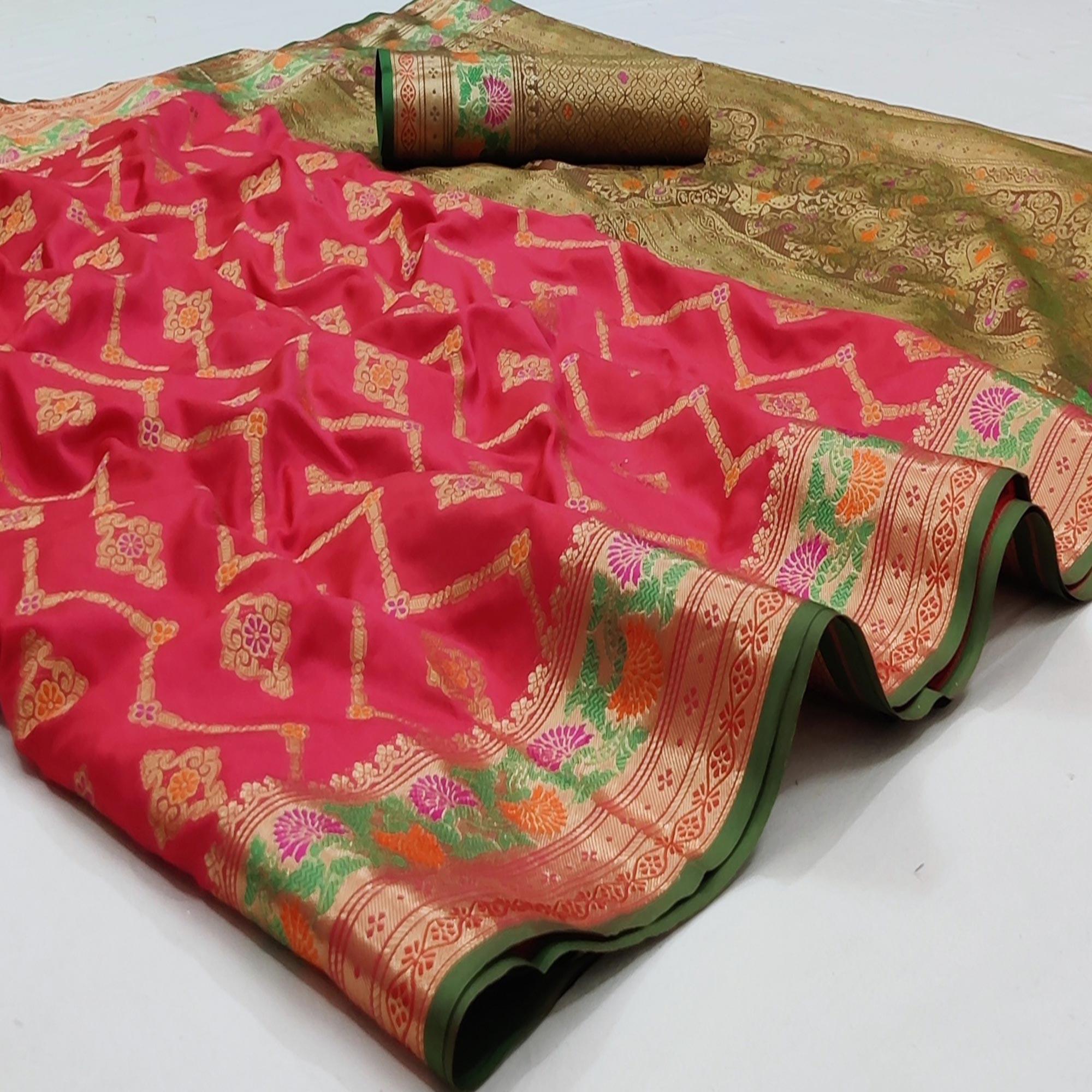 Rani Pink Festive Wear Floral Woven Soft Silk Saree With Jacquard Border - Peachmode