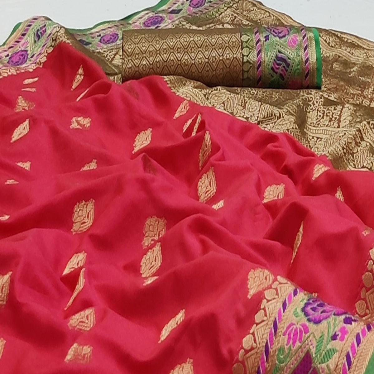 Rani Pink Festive Wear Floral Woven Soft Silk Saree With Jacquard Border - Peachmode